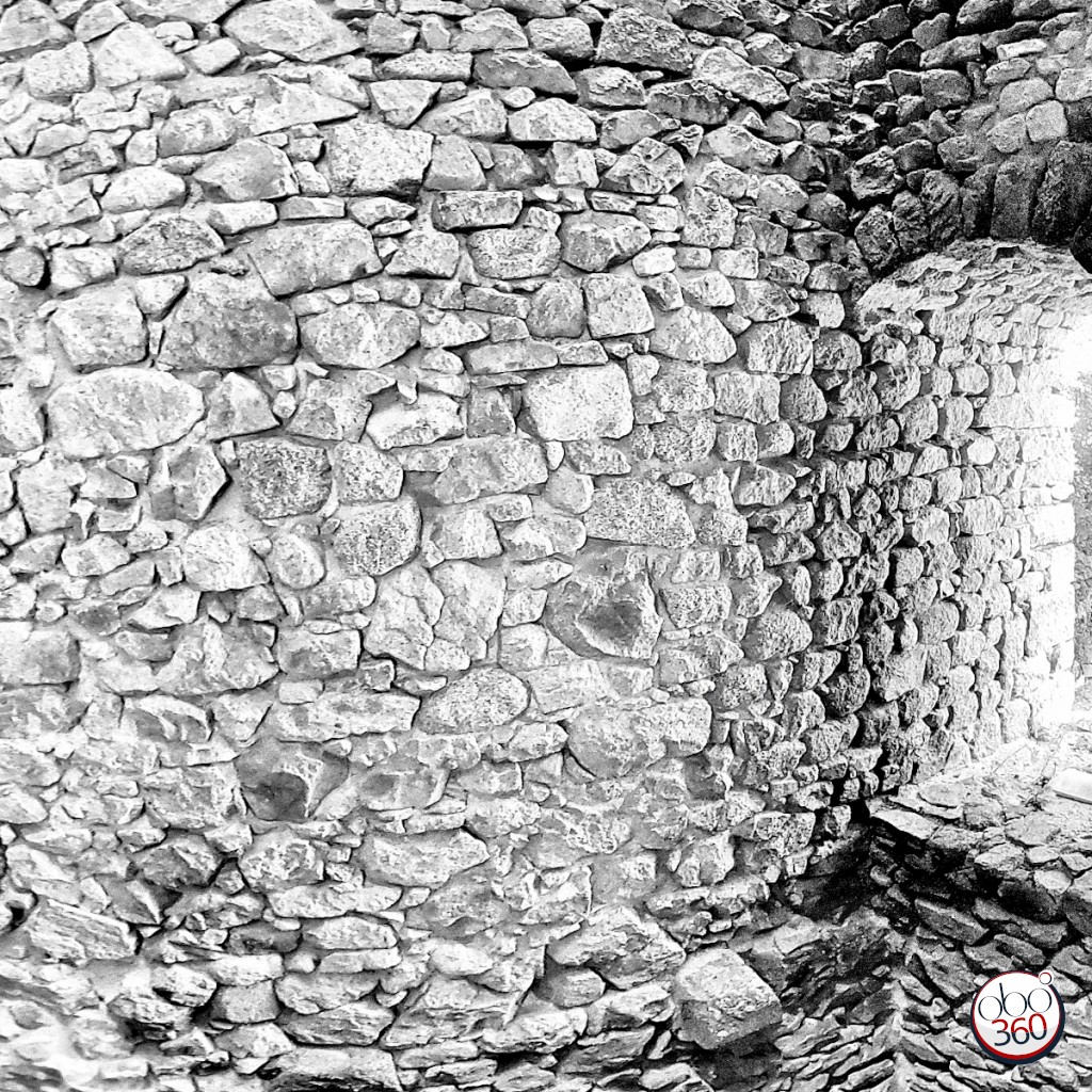 Immersive 360° ​​photo, in black and white, taken in the ruins of a 12th century castle, in Creuse.Immerse yourself in the photo!